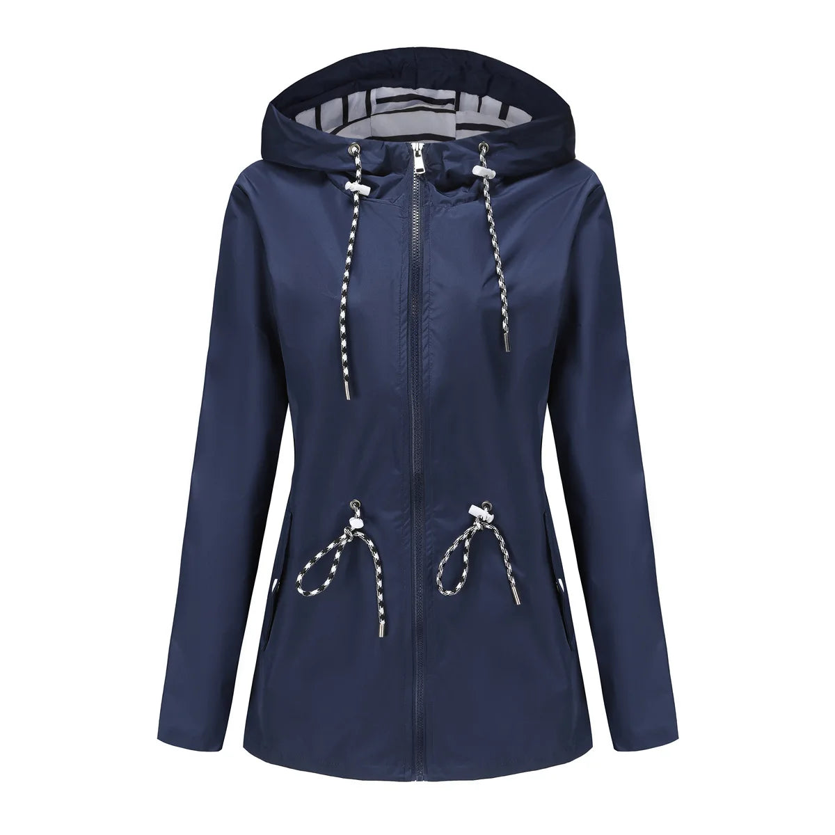 Red Waterproof Hooded Jacket, Women Fashion Casual Coat, Waist Drawstring Tie Zipper Switch Blue Green Yellow Black Windbreaker