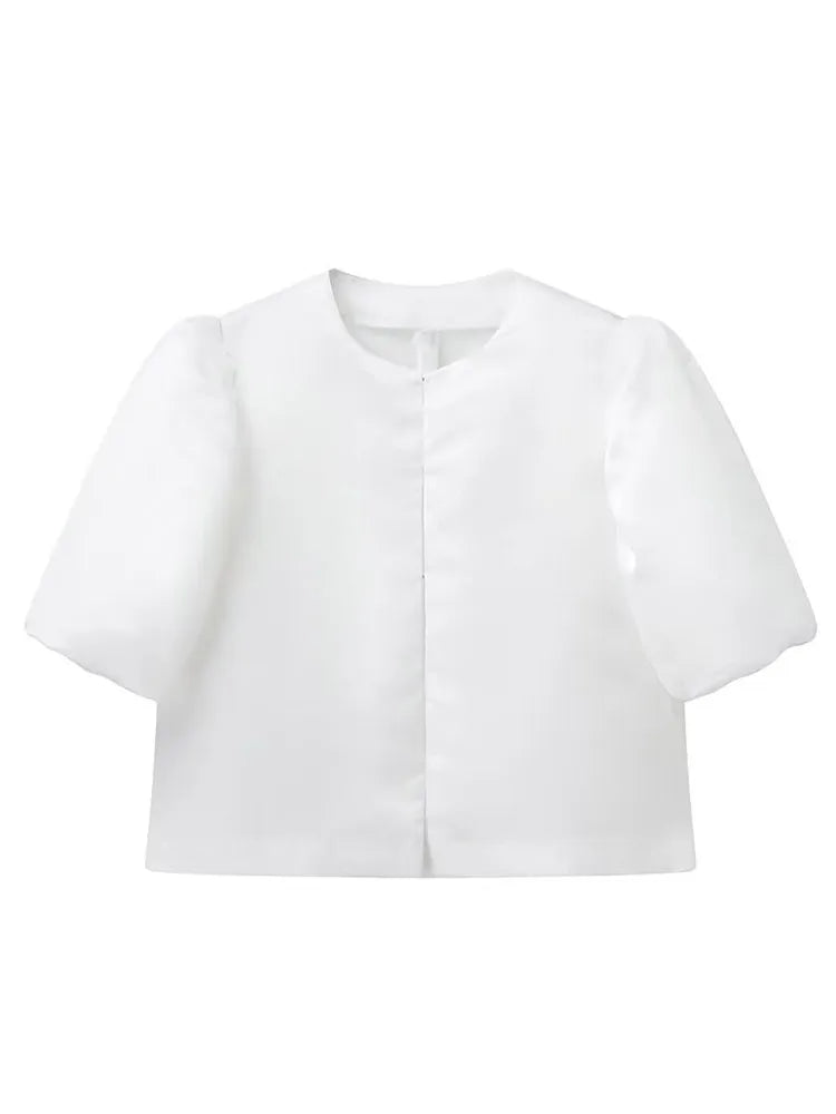 Women's casual satin shirt with puff sleeves, round neck, loose fit and short length, elegant and plain, for spring/summer.