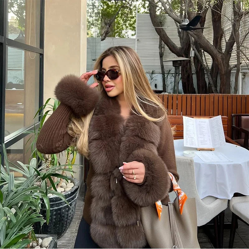 Chic Knitted Faux Fur Patchwork Women's Coat Thicken Warm Lady Coats 2025 Autumn Winter Chic Female Street Outerwears