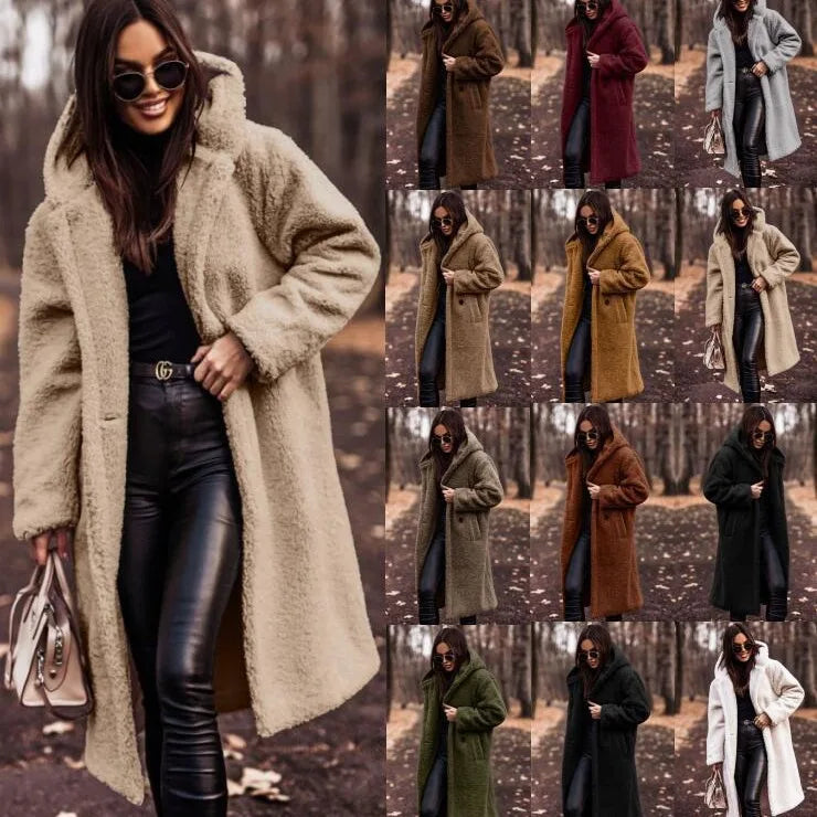 Keep Warm Plush Woolen Coat Women Solid Color Thicken Single Breasted Long Hooded Coats Autumn Winter Female Clothing Streetwear