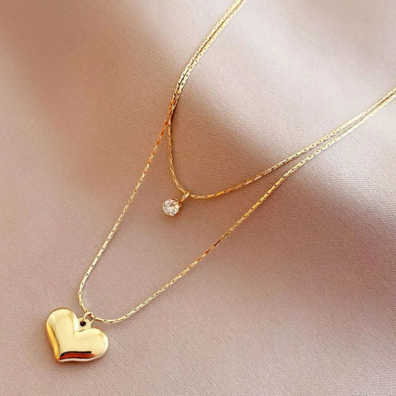 Stainless Steel 14K Gold Heart Pendant Necklace Women's Simple Chain Stylish Design Sense Jewelry Double Layer
