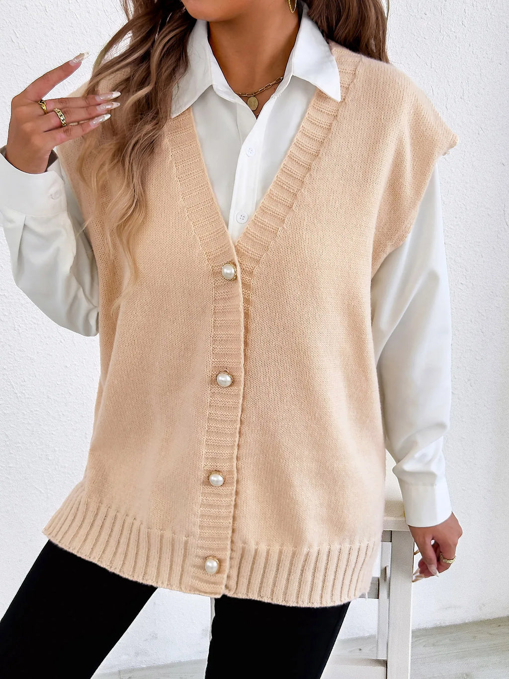 Women's Tops Autumn and Winter Vest Women's Clothing Pearl Button Loose Casual Cardigan Sweater Vest
