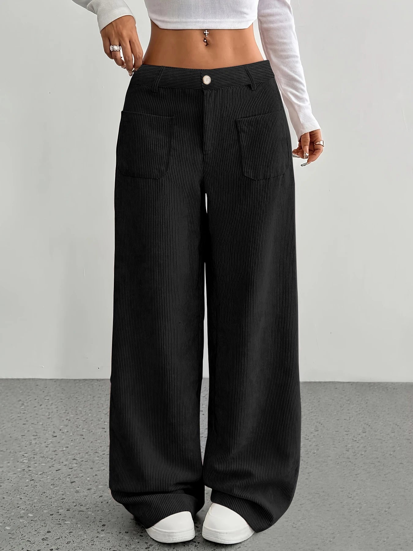 Women's High Waist Corduroy Wide Leg Pants, Casual Fall Winter Long Trousers with Pockets, Ladies Fashionable Relaxed Fit Bottom