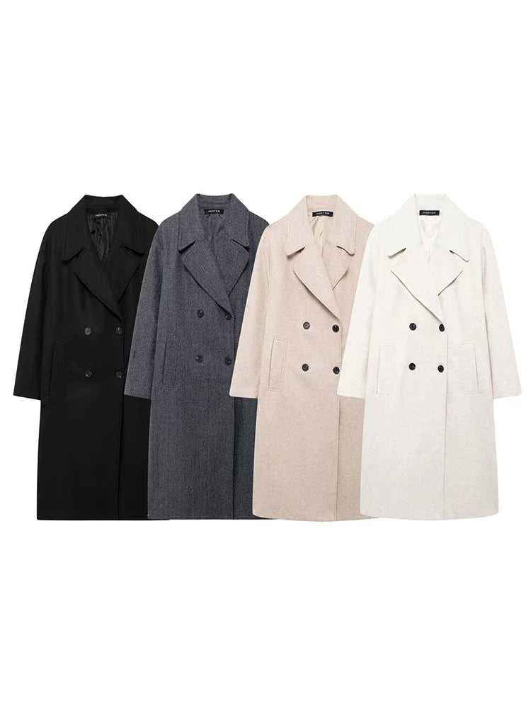 HH 2025 Vintage Women's Warm Thick Woolen Coat Solid Lapel Double Breasted Long Cardigan Female Pokcet Jacket Streetwear