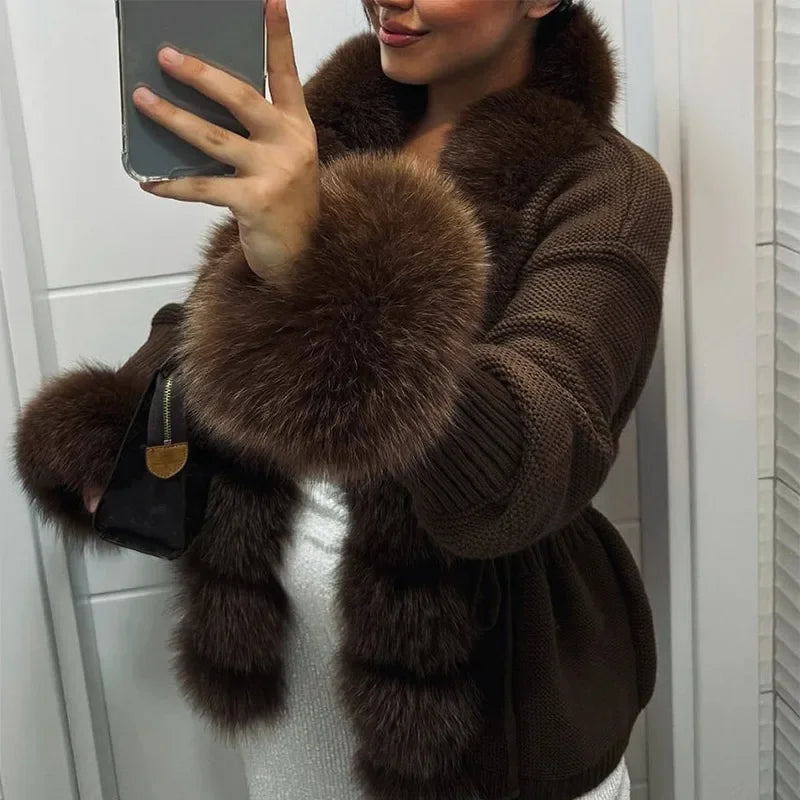 Chic Knitted Faux Fur Patchwork Women's Coat Thicken Warm Lady Coats 2025 Autumn Winter Chic Female Street Outerwears