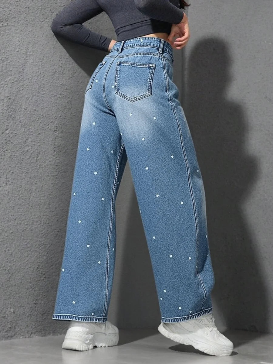 Benuynffy Heart Print High Waist Straight Jeans for Women 2025 New Streetwear Casual All Match Baggy Wide Leg Denim Pants Female