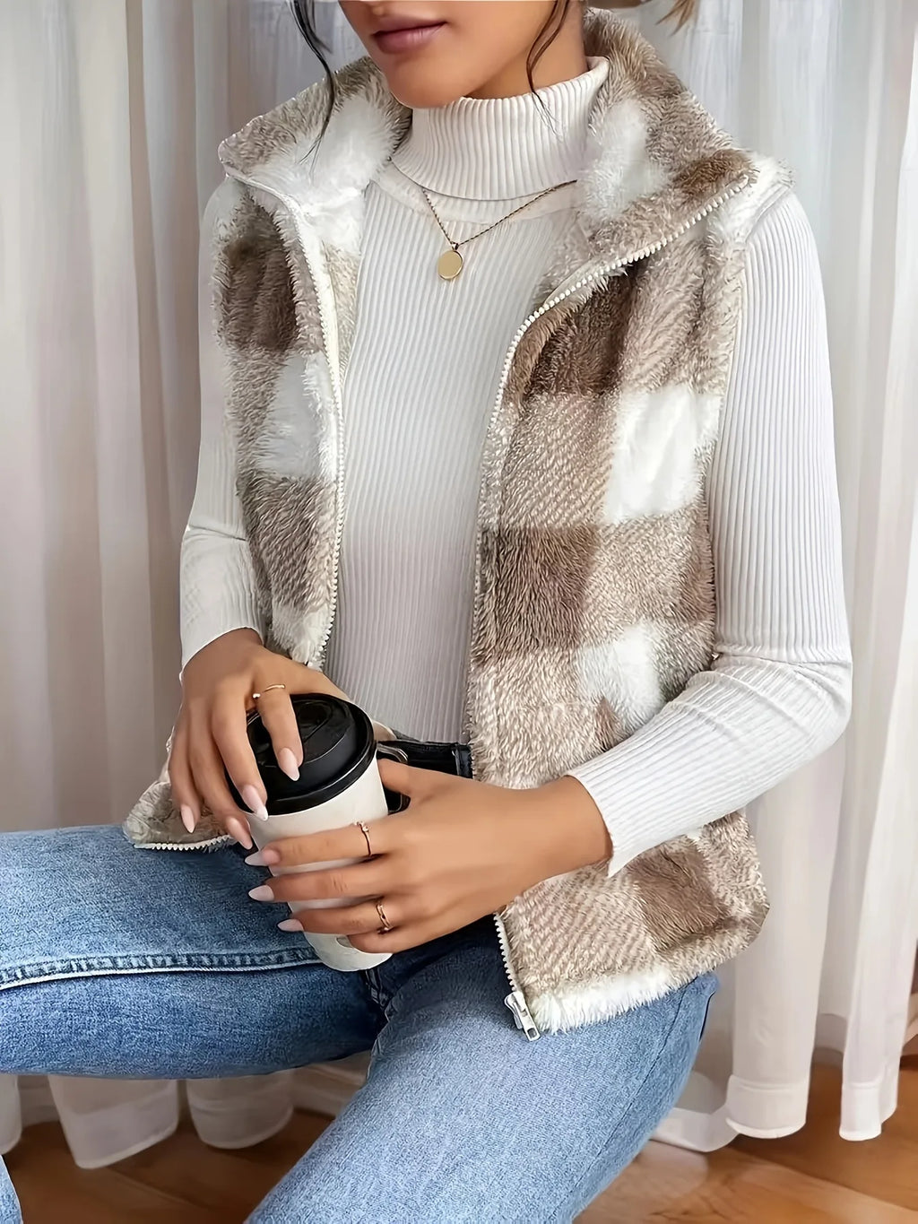 VigoCasey 2025 Plaid Print Sleeveless Vest Coat Woman Zipper Loose Plush Warm Waistcoat Lady Autumn Winter Casual Vest Jacket