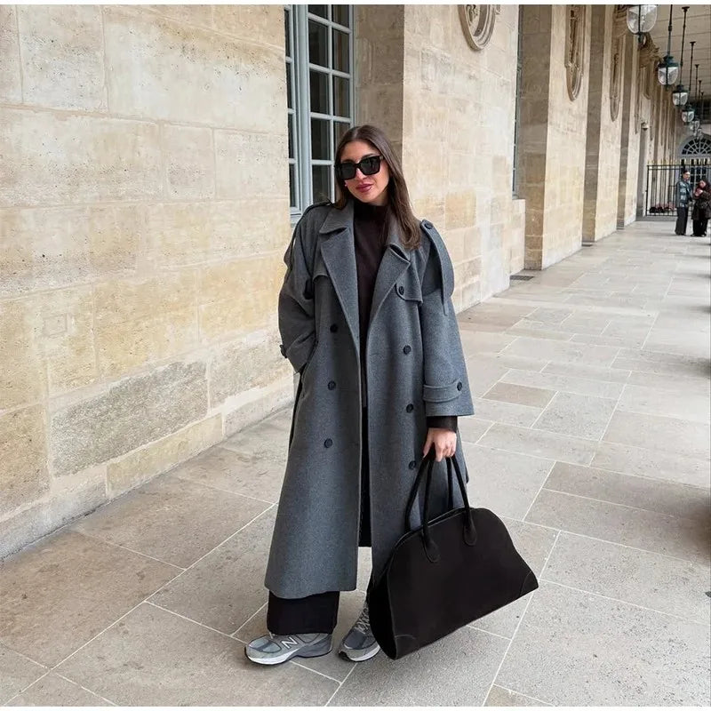 Belts Double Breasted Women's OverCoat Elegant Laple Pocket Full Sleeve Female Coat 2025 Autumn Winter Fashion New Lady Outwears