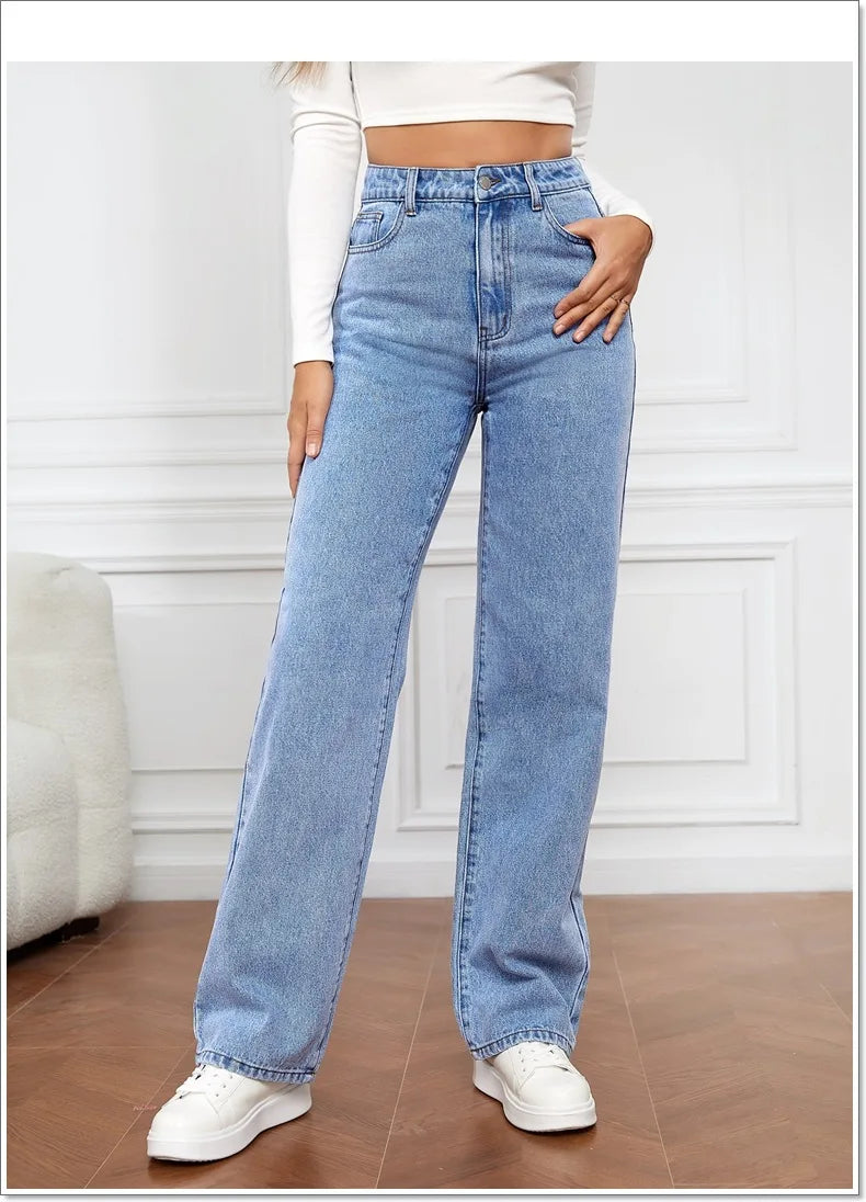 2025 new European and American high-waisted water-washed women's jeans long fashionable and versatile straight-leg pants