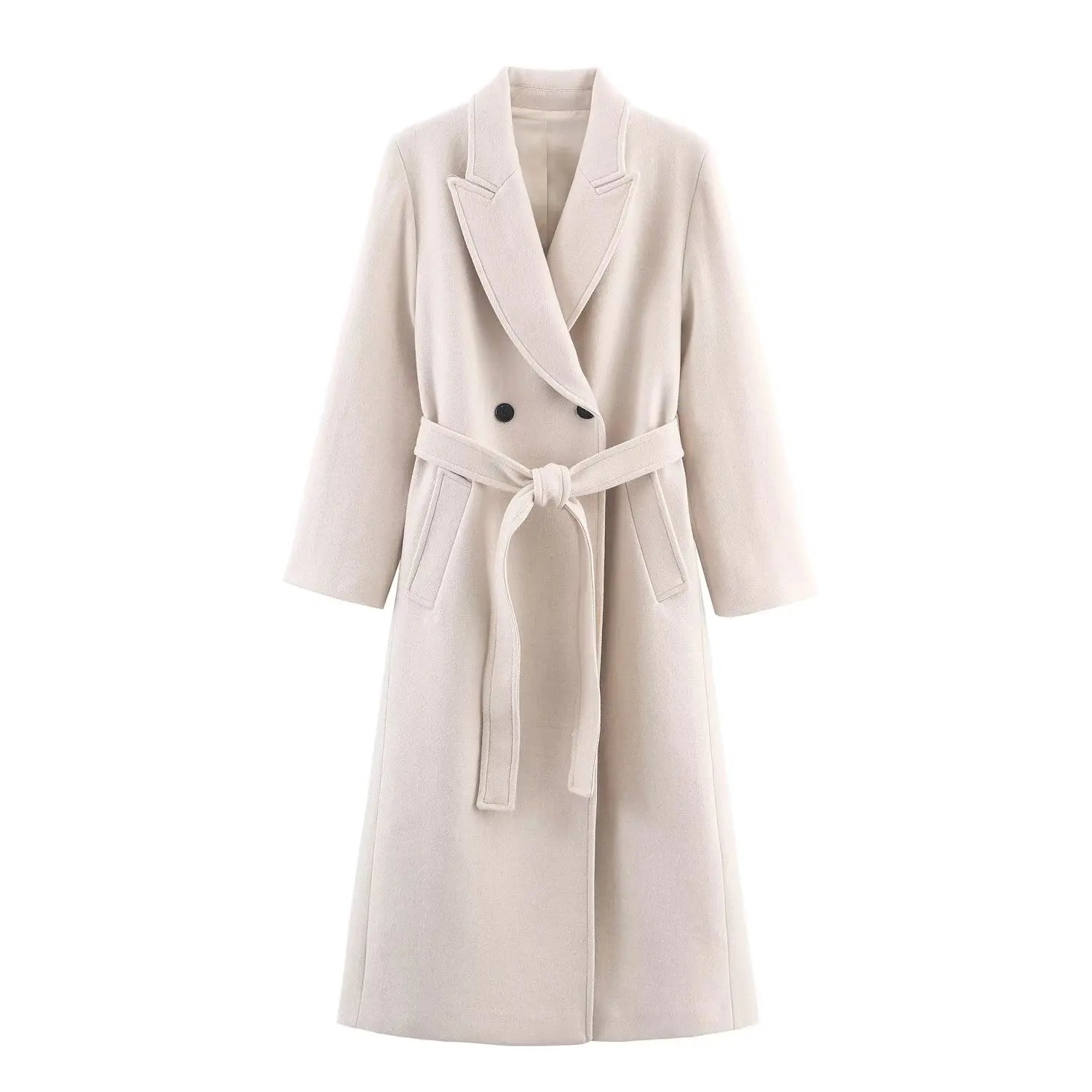 Autumn Women Long Wool Coat with Belt Casual Turn Down Collar Long Sleeve Double-Breasted Outerwear Female Chic Overcoat