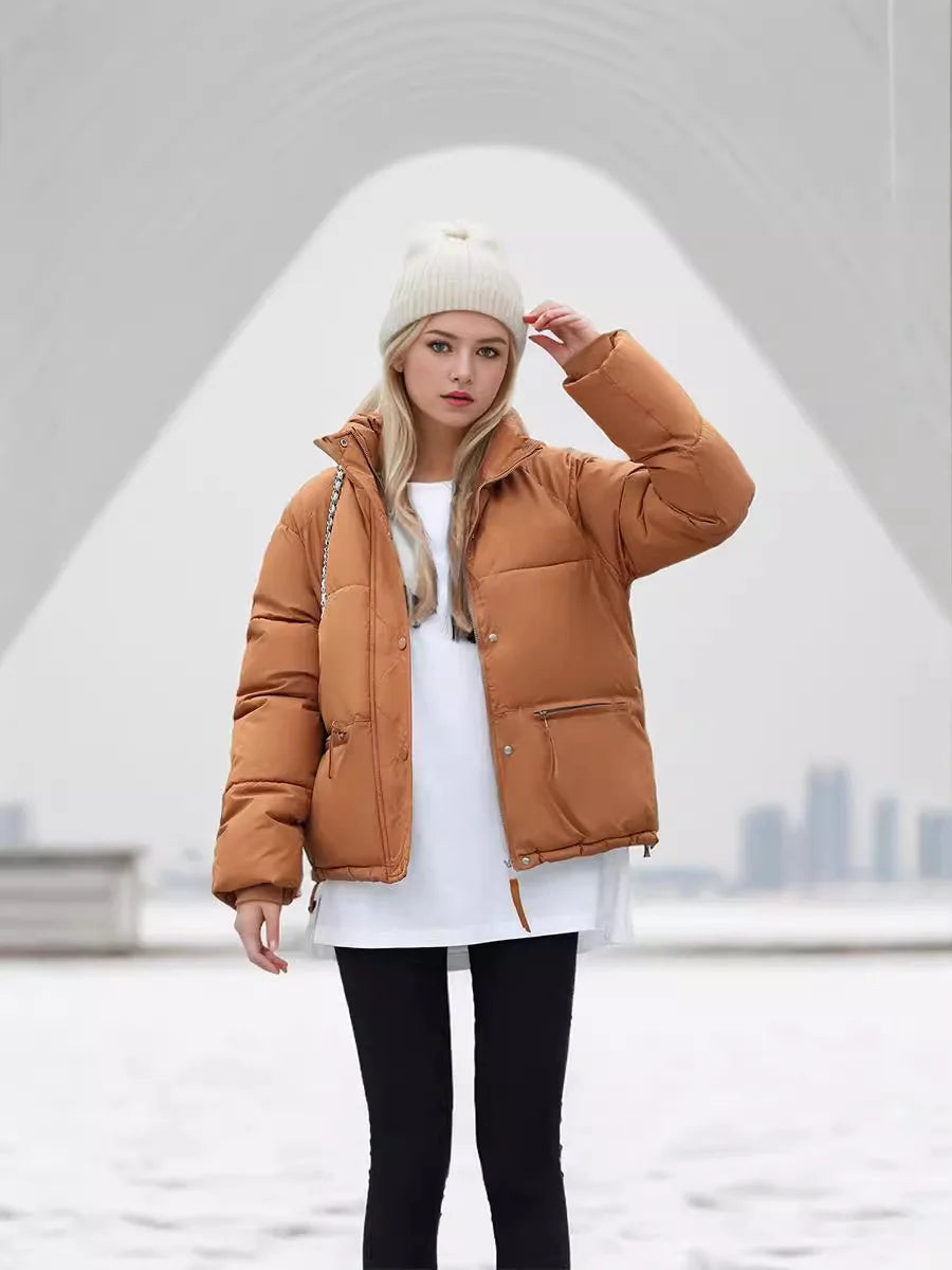 Women's Winter Puffer Coat Stand Collar Zipper Fly Pockets Loose Fit Quilted Coat For Female Thickened Lady's Thermal Coat