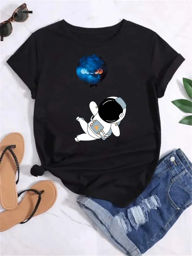 Women Moon Planet Print Fashion Tee Shirts Casual Round Neck Short Sleeve Streetwear Female T-Shirt Vintage Tops