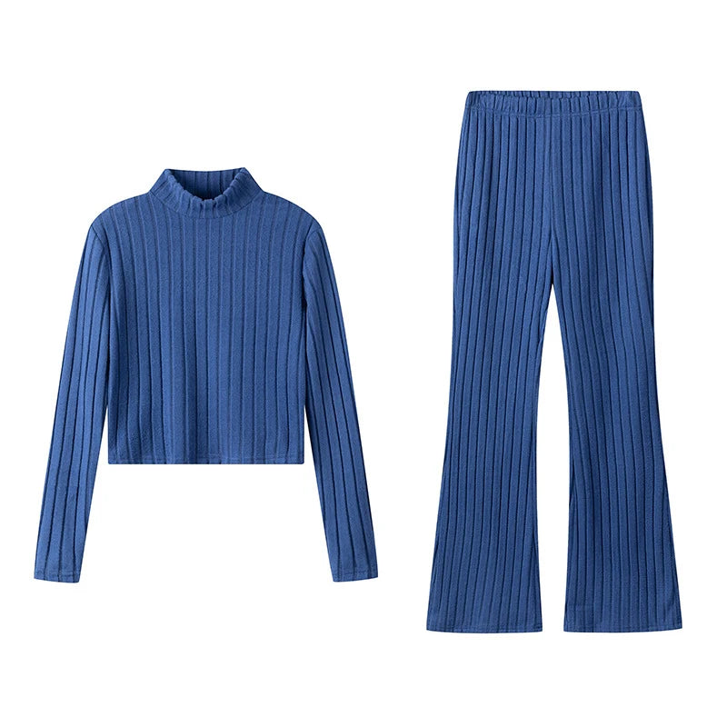 Fashion Women's Knitted Two-piece Set Casual Ribed Long-Sleeve Slim Outfit Trouser Set Female Outfit Clothes