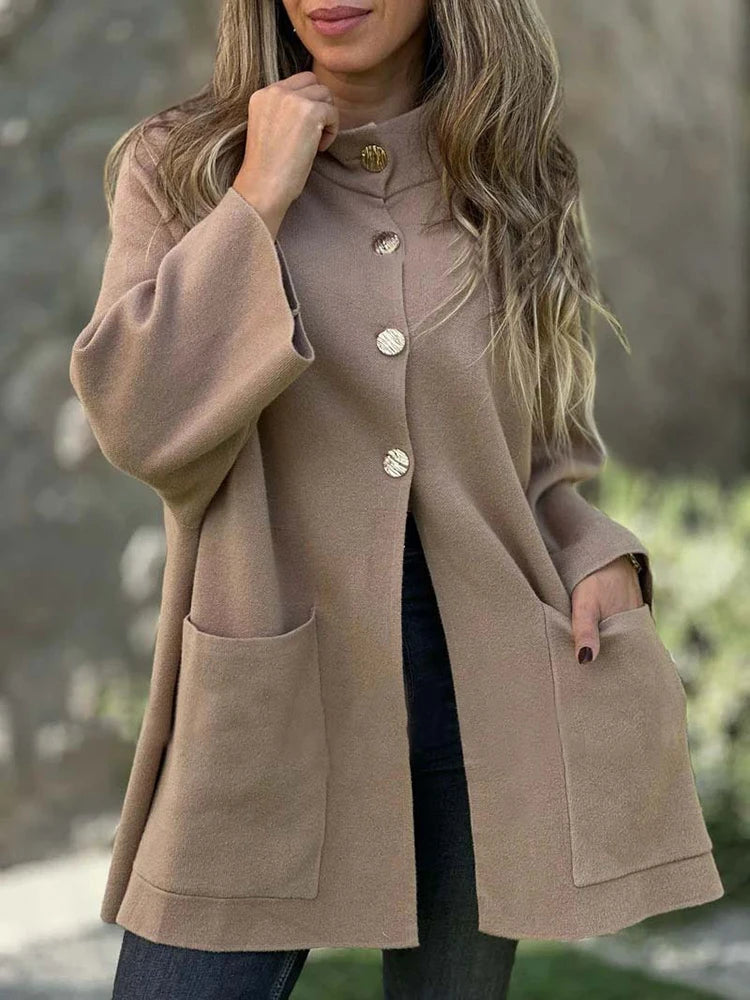 autumn and winter women's long sleeved casual style polyester material new fashionable stand up collar single breasted coat