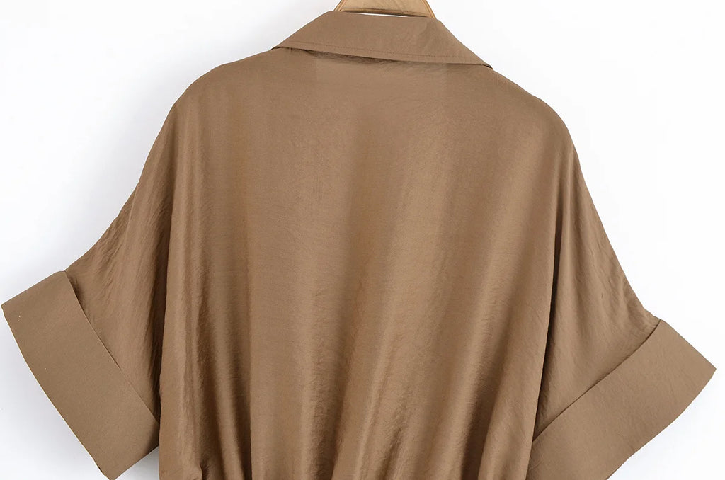 Women Adjustable Drawstring Waist Safari Shirt Short Sleeve Lapel Collar With   Pockets Loose Blouse Streetwear Lady Shirts