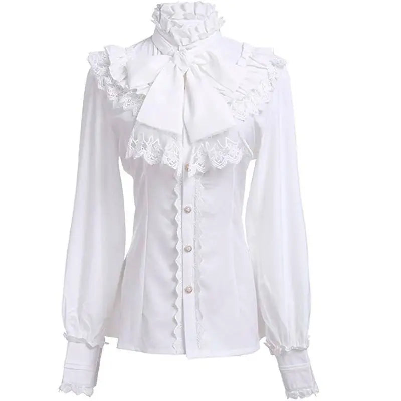 2025 Spring Women's Shirt Medieval Vampire Prince Poet Frills Lace Up Stand Neck Vintage Gothic Blouse Cosplay Performance Tops