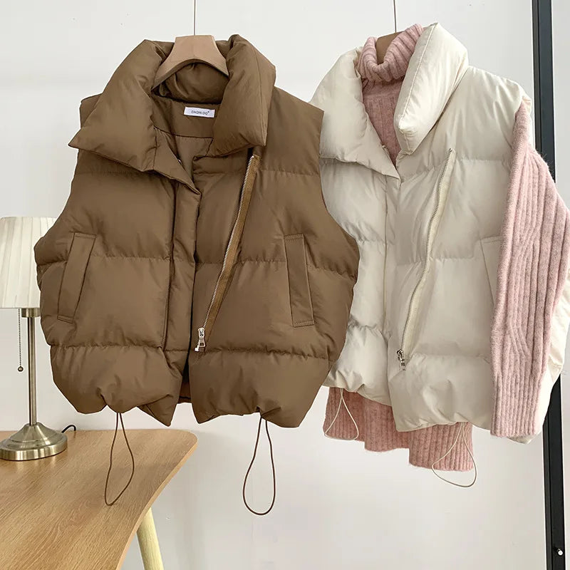 Women Fashion Autumn New 2024 Stand Collar Elegant Down Coats Warm Outerwear Casual Belt Sleeveless Winter Women Vests Jackets