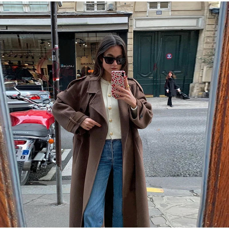 Belts Double Breasted Women's OverCoat Elegant Laple Pocket Full Sleeve Female Coat 2025 Autumn Winter Fashion New Lady Outwears