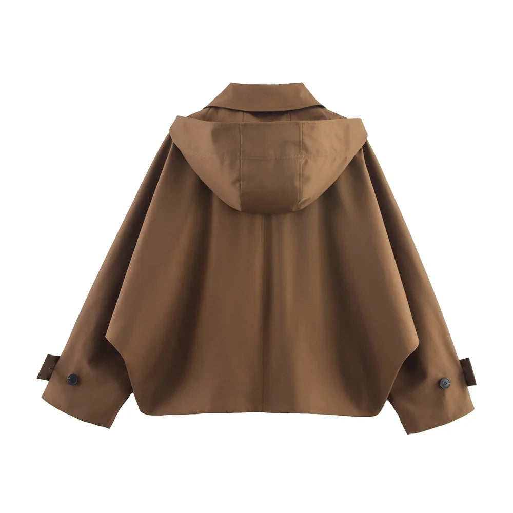 Autumn new European and American style hooded long sleeved lapel jacket single breasted trench coat short jacket