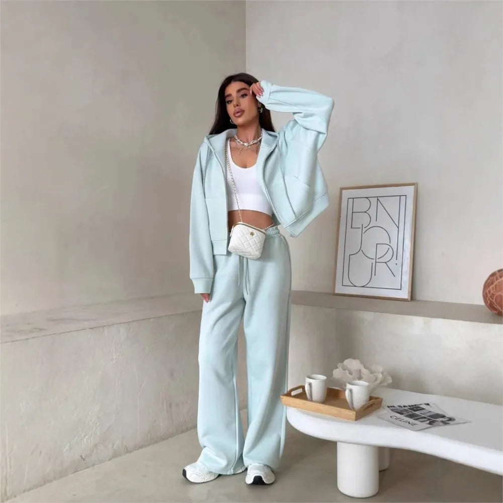 2025 Woman 2 Piece Set Outfit Sports Suit Long-sleeved Zipper Cardigan Hooded Sweatshirt Lace-up Trousers Two-piece Set Trendy