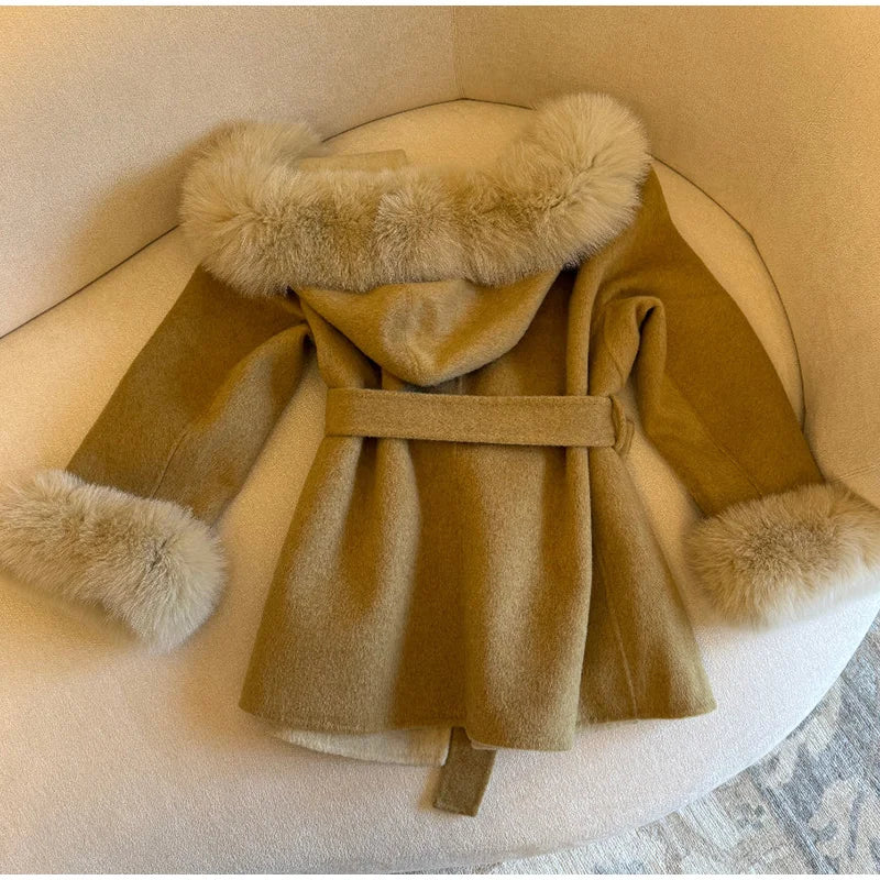 Elegant Women's Faux Fur Hoody Coat Furry Patchwork Lace Up Full Sleeve Female Jacket 2025 Autumn Winter New Lady Warm Outerwear