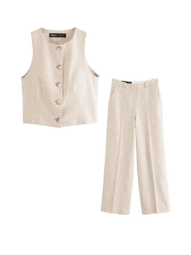 2025 Women Summer 2-Pieces Sets Fashion Casual Solid Vests Coats and Straight Pants Female Elegant Street Two Suits Clothing