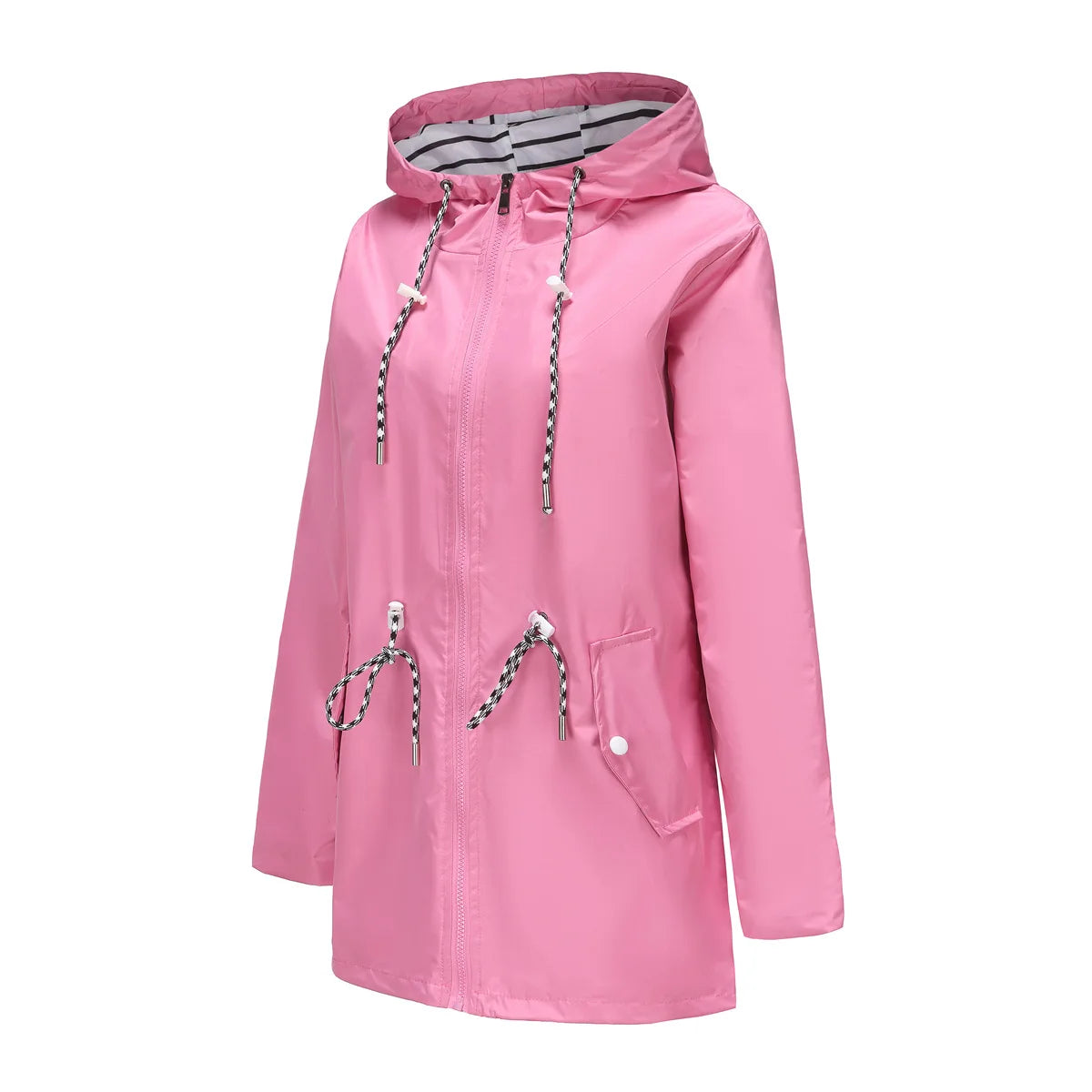 Red Waterproof Hooded Jacket, Women Fashion Casual Coat, Waist Drawstring Tie Zipper Switch Blue Green Yellow Black Windbreaker