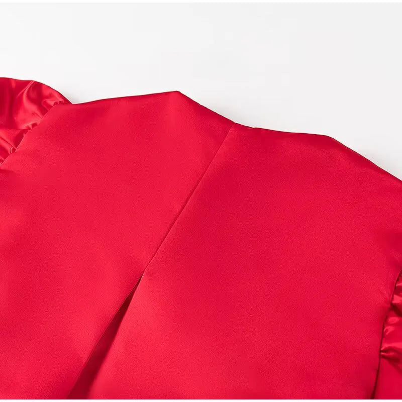 Women's casual satin shirt with puff sleeves, round neck, loose fit and short length, elegant and plain, for spring/summer.