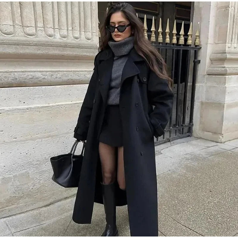 Belts Double Breasted Women's OverCoat Elegant Laple Pocket Full Sleeve Female Coat 2025 Autumn Winter Fashion New Lady Outwears