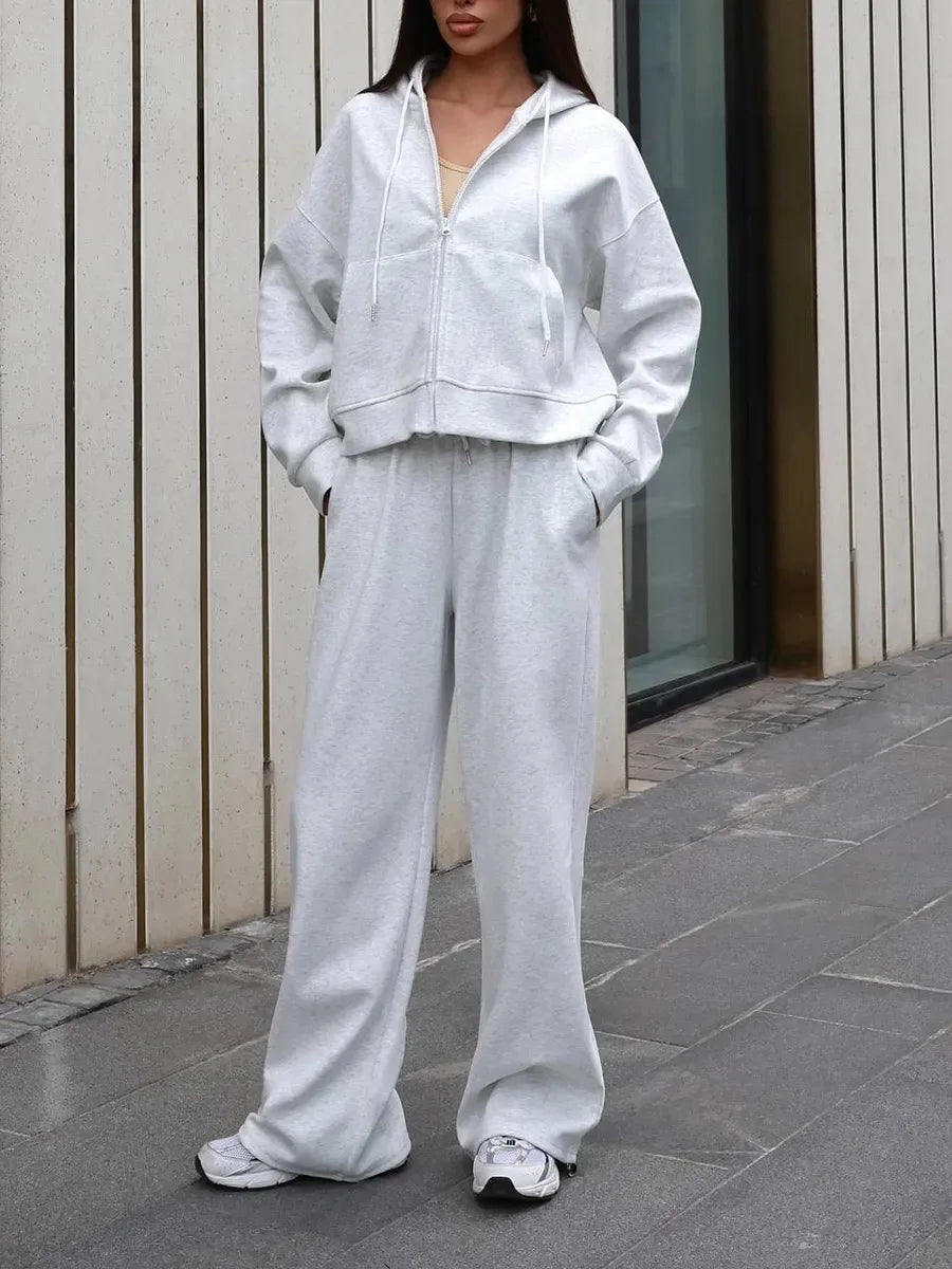 2025 Woman 2 Piece Set Outfit Sports Suit Long-sleeved Zipper Cardigan Hooded Sweatshirt Lace-up Trousers Two-piece Set Trendy