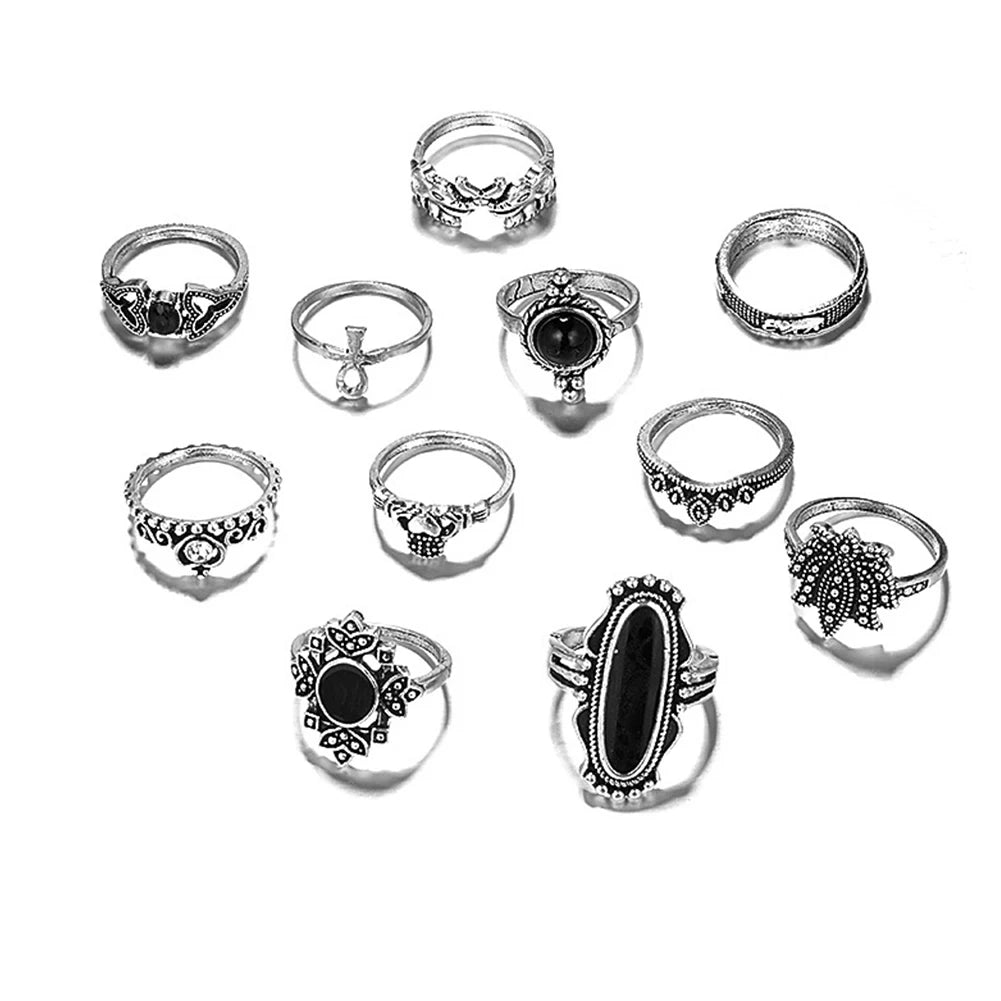 11 pcs Silver Knuckle Rings Set Gothic Crescent Ring Set Punk Silver Plated Cross Ring for Women
