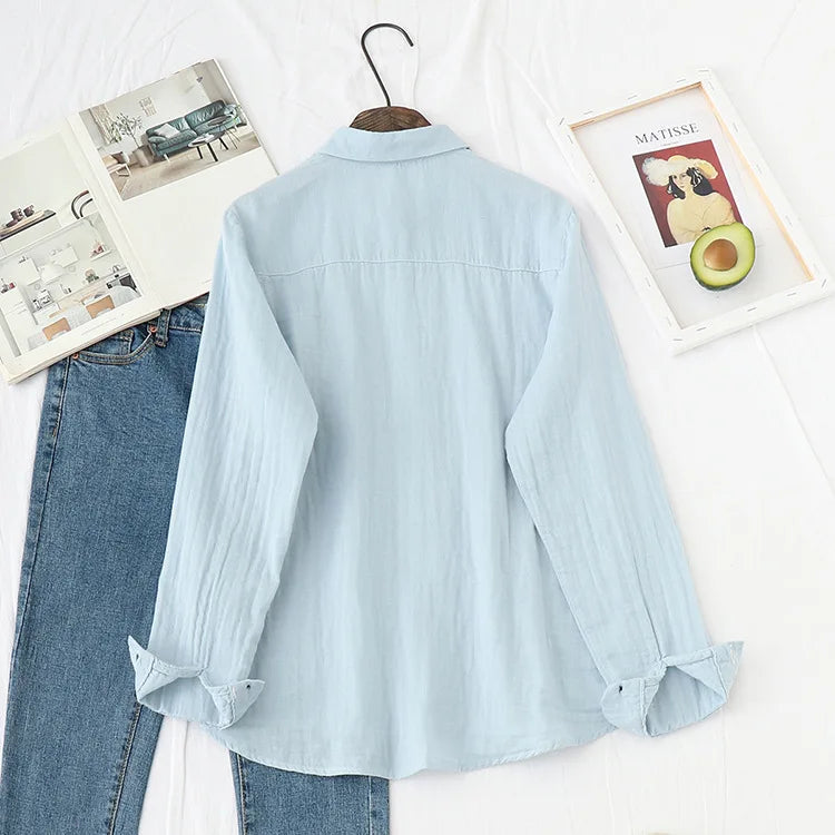 2025 Spring Autumn New Fresh Cotton Yarn Ladies Long Sleeve Shirt Flower Embroidered Women's Casual Shirt Female Blouse Clothes