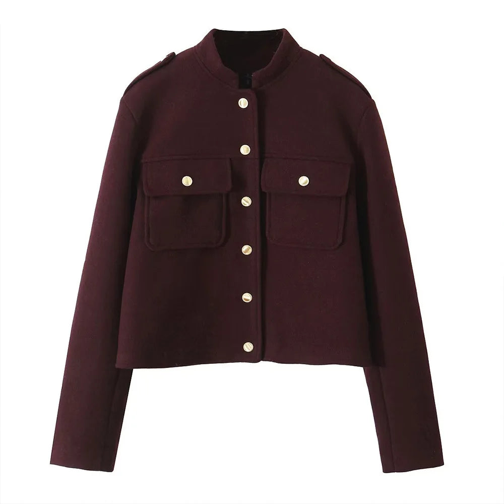 Women's Retro Wine Red Cropped Jacket Stand Collar Long Sleeve Buttoned Epaulettes Patch Pocket Coat Fall Winter New Jacket