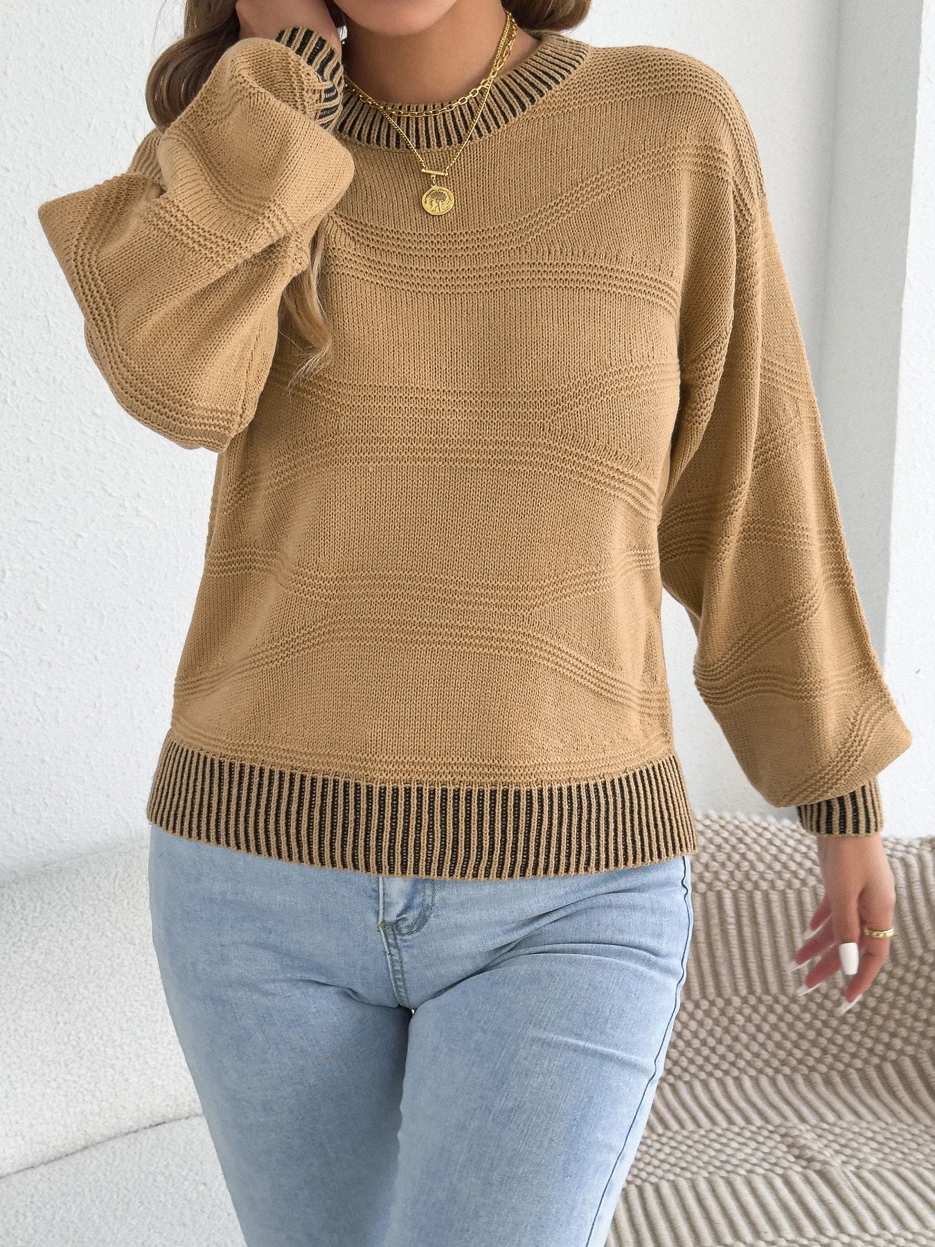 Women Striped Round Neck Pullover Sweater Long Sleeve Fall Winter Vacation Ready Knit Tops