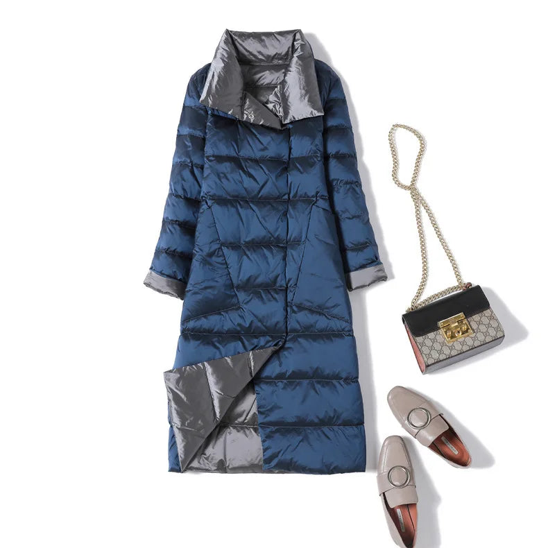 Winter Women White Duck Down Jacket Long Styles Oblique Pocket Lapel Double Sided Coat Female Single Breasted Warm Parka Outwear