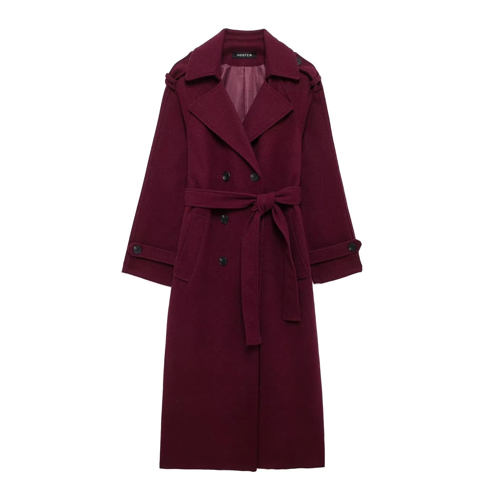 HH Women Elegant Burgundy Lapel Blend Maxi Overcoat Fashion Winter Double-Breasted Jacket with Belt Female Chic Trench Coat