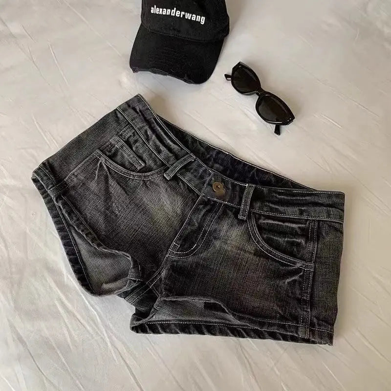Vintage Denim Shorts Women Summer Black Grey Washed Low Waist Elastic Skinny Hot Shorts Jeans