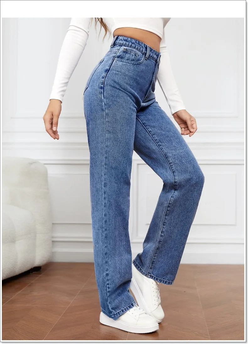 2025 new European and American high-waisted water-washed women's jeans long fashionable and versatile straight-leg pants