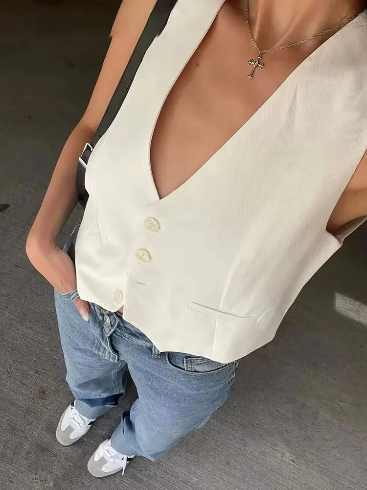 HH Fashion Women Vest Sleeveless Vests for Women Chic V-Neck Single-Breasted Ladies Elegant White Waistcoat Tops