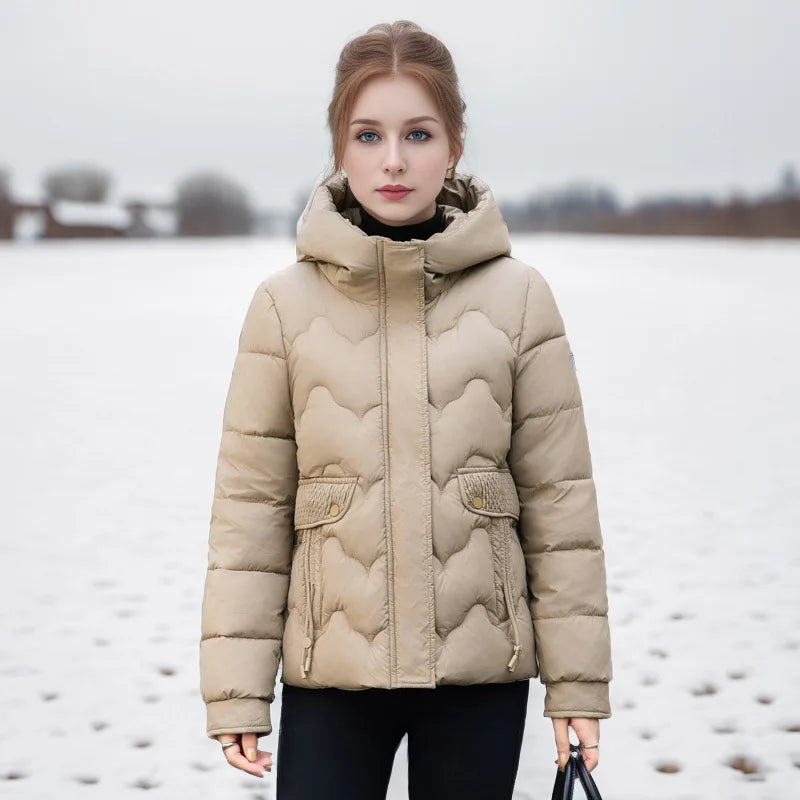 Drawstring Winter Women's Parka Jacket Solid Stand Collar Hooded Zipper Fly Padded Coat For Female Slouchy-Style Lady's Jacket