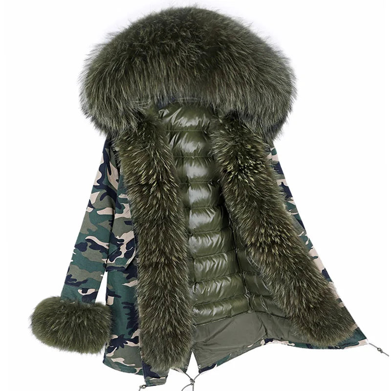 MaoMaoKong Natural Real Fox Fur Jacket Hooded Black Waterproof Woman Winter Warm Coat Parkas Luxury Jacket Female Clothing