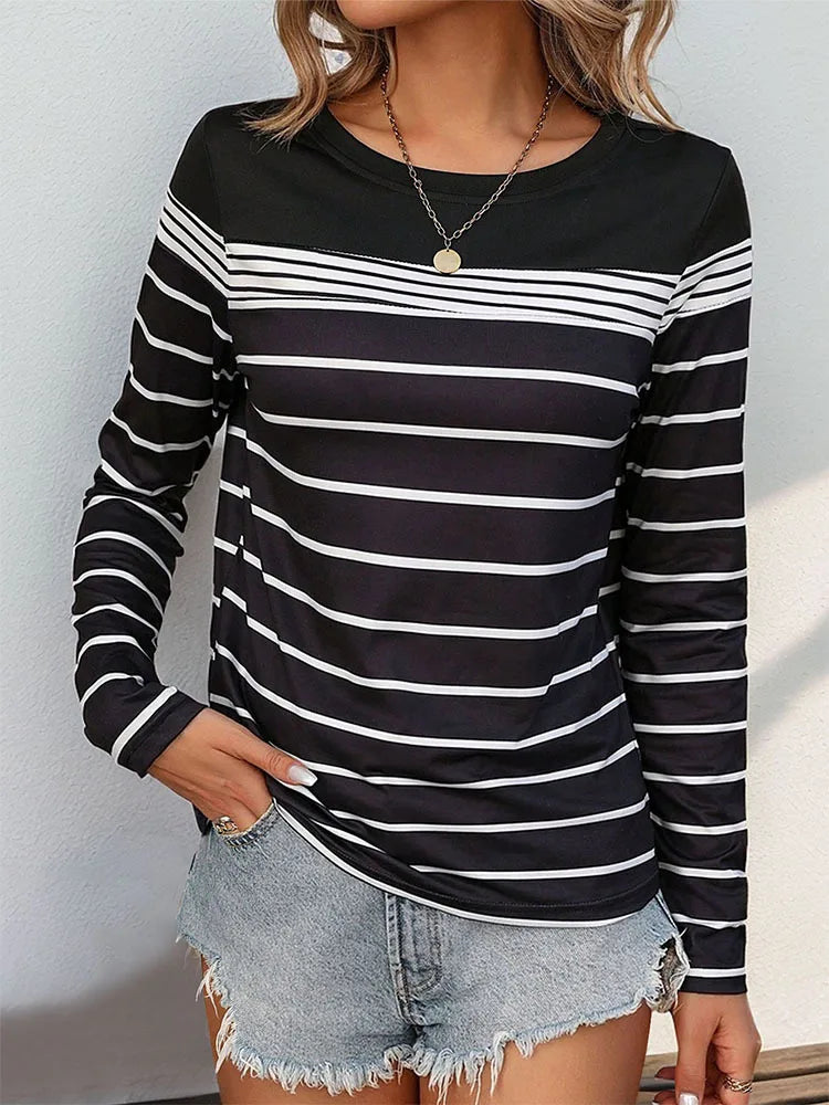 2025 new European and American autumn women's casual striped long sleeved t-shirt for women