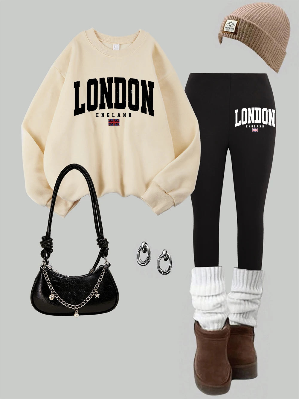 2 Piece Womens London England Flag Printing Sweatshirts Leggings Set Street Fleece Thermal Hoodie Pants Winter Womans Clothes