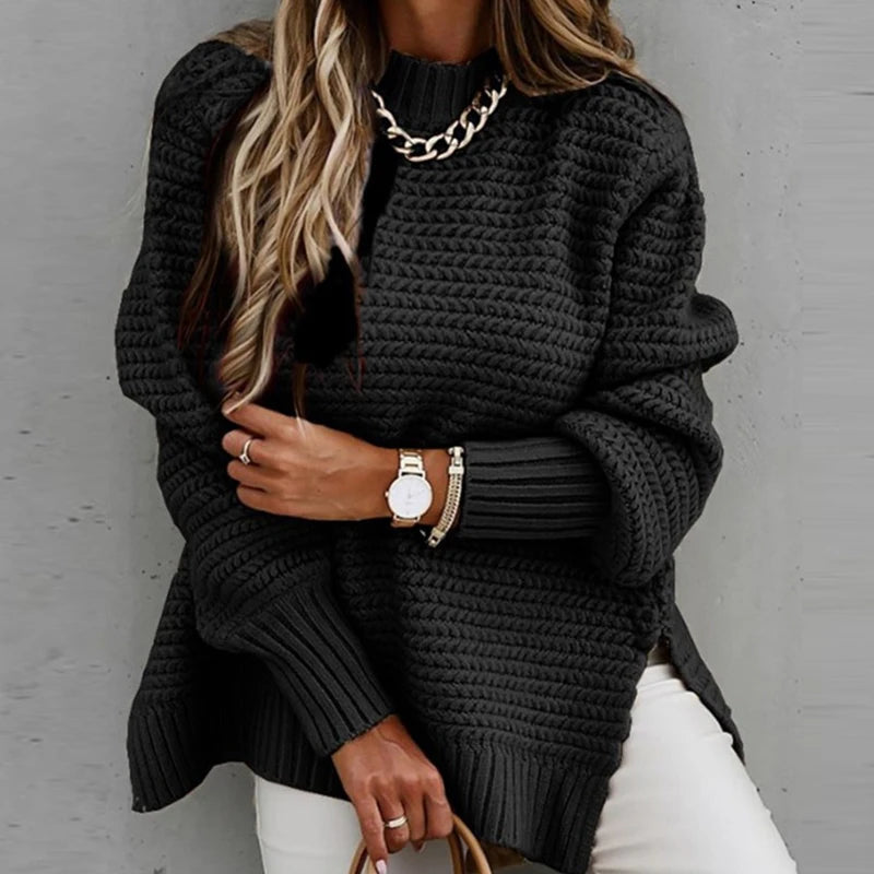 2025 New Loose Split Knitted Long Sleeve Thick Sweater Half High Neck Korean Fashion Pullover Autumn Winter Black Women Clothes
