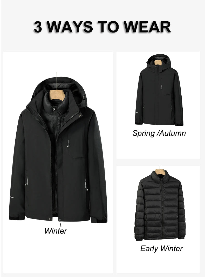 CHRLCK Women's 3 In 1 Thick Hiking Jacket Down Cotton Waterproof Winter Windbreaker Outdoor Warm Camping Jacket Windproof Coat