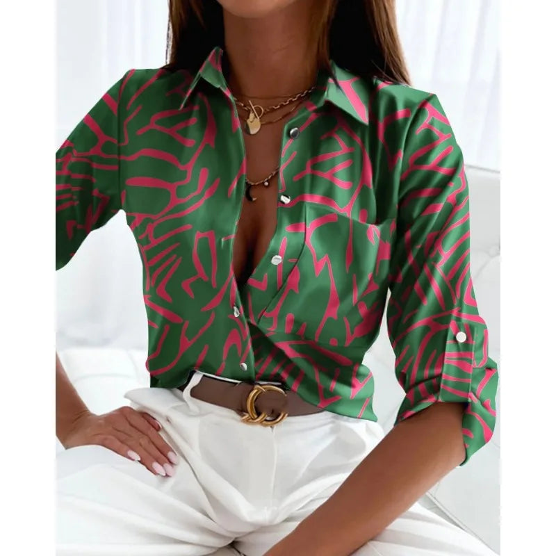 Spring/Summer Women's Commuter Long Sleeved Shirt Fashion Printed Lapel Holiday Casual Shirt Elegant Women's Shirt
