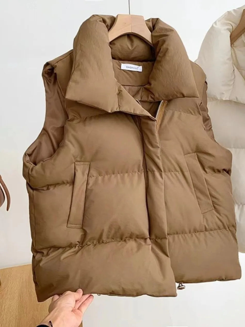 New in Autumn Winter Women Loose Fashion Stand Collar Elegant Down Coats Warm Outerwear Casual Sleeveless female Vests Jackets