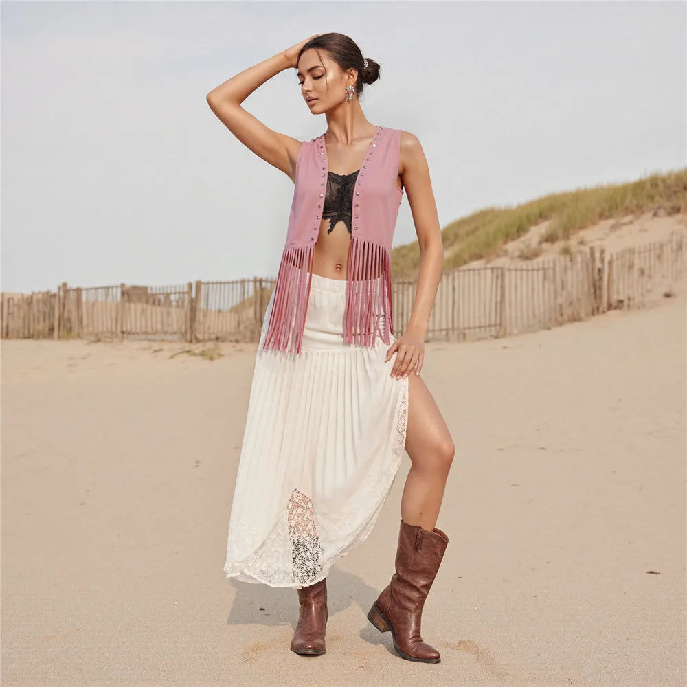 Women Vintage Sleeveless Faux Suede Fringe Vest Rivets Leather Western Boho Tassel Jacket Open Front Hippie Cardigan 2025