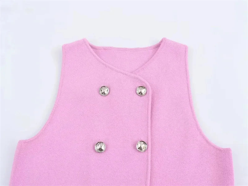 MUJER Knit Sleeveless Vest Woman Fashion Pink Knitted Cropped Vest Women Double Breasted Summer Vest Top Women New In Short Coat