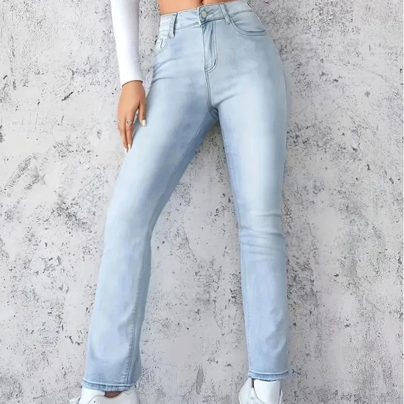 Fashionable Jeans For Woman Y2k Style Blue Stretch Denim Pants Straight Leg Comfort Fit High Waist Trousers Vintage Casual Wear